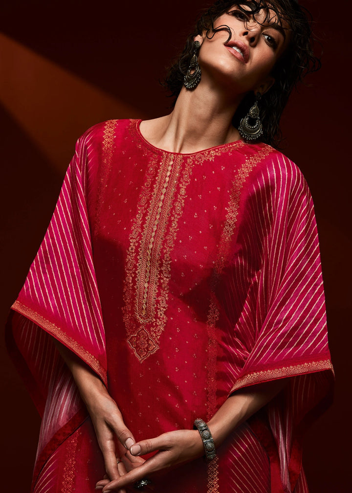 Pink & Red Printed Bandhani Viscose Silk Kaftan Set with Handcrafted Details - House of Sarvati LLC