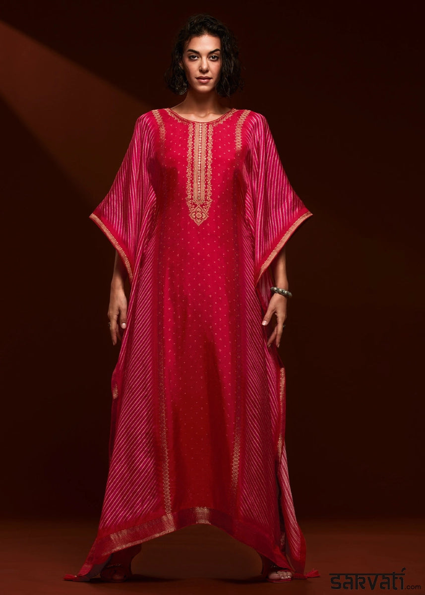 Pink & Red Printed Bandhani Viscose Silk Kaftan Set with Handcrafted Details - House of Sarvati LLC