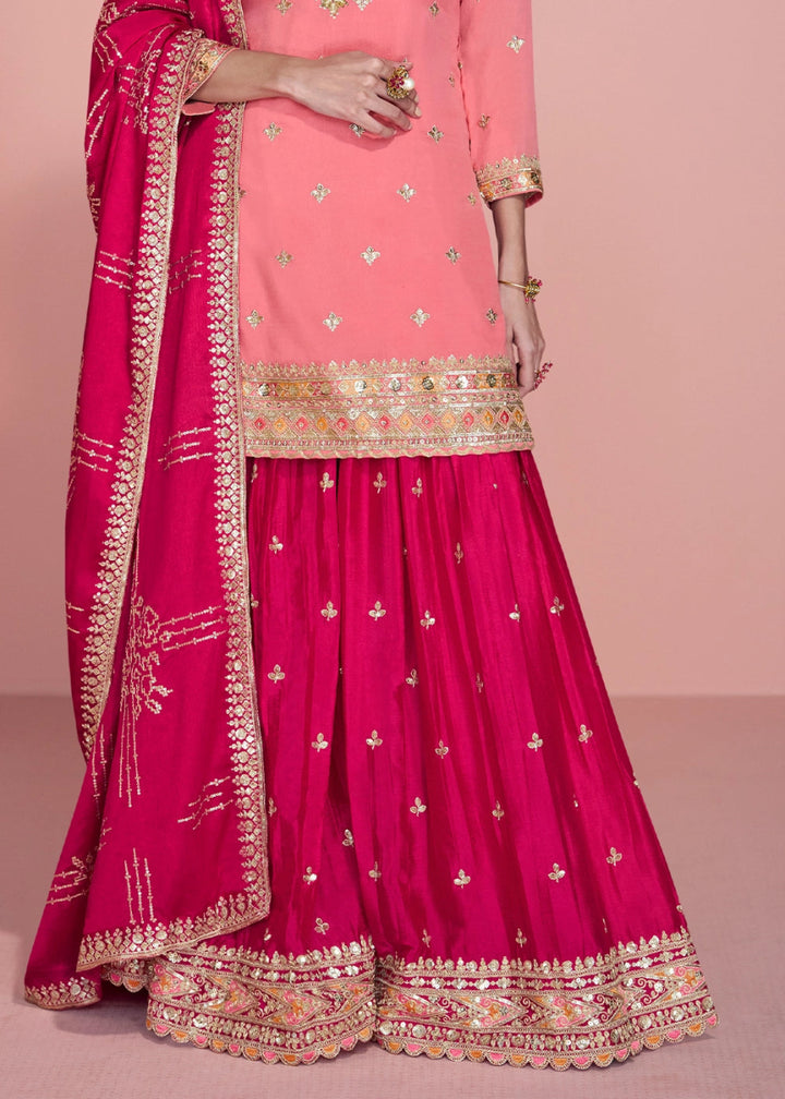 Pink Toned Chinon Silk Sharara Suit with Fine Embroidered Detailing - House of Sarvati LLC