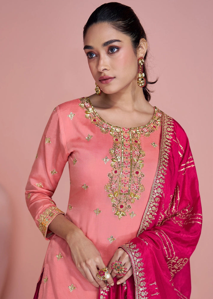 Pink Toned Chinon Silk Sharara Suit with Fine Embroidered Detailing - House of Sarvati LLC