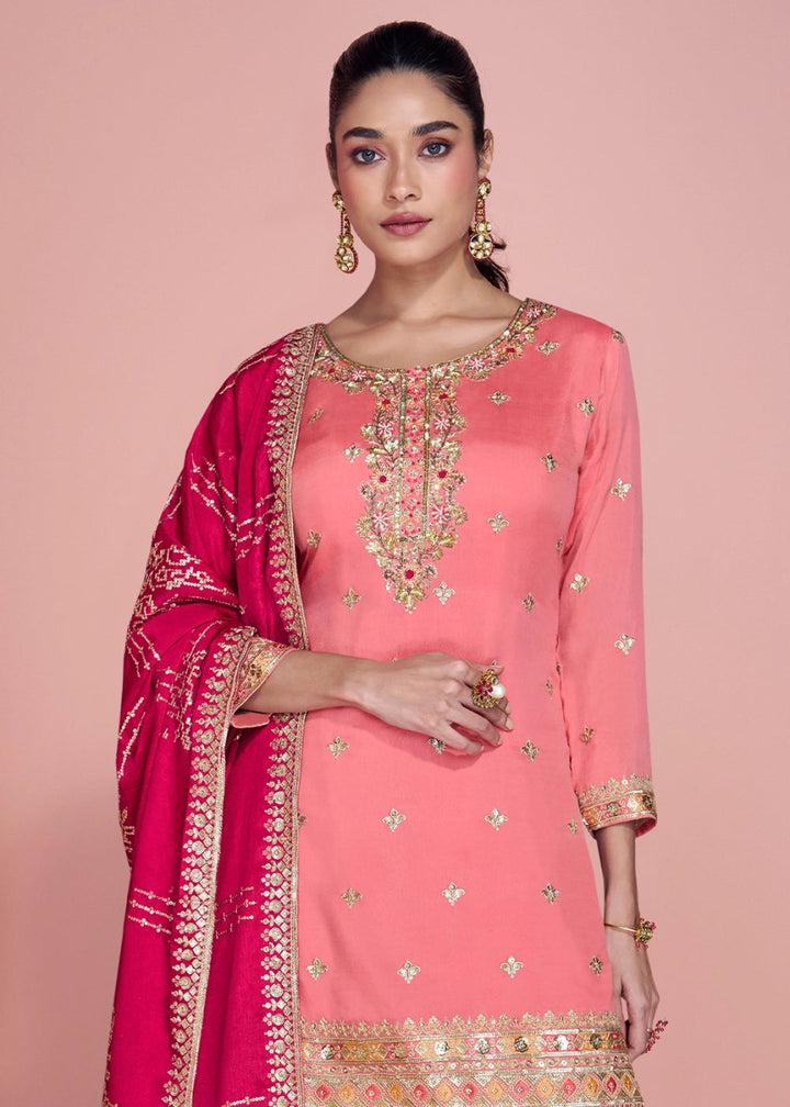 Pink Toned Chinon Silk Sharara Suit with Fine Embroidered Detailing - House of Sarvati LLC