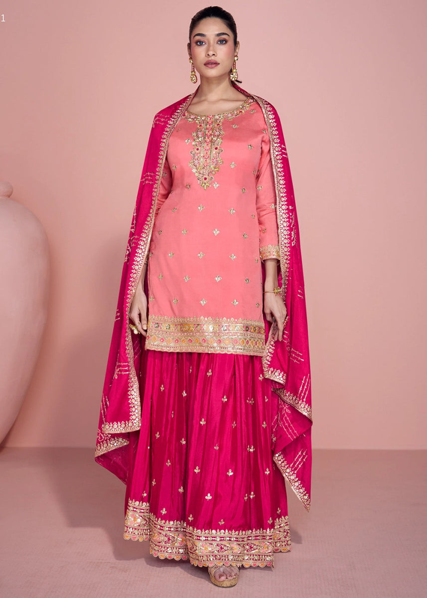 Pink Toned Chinon Silk Sharara Suit with Fine Embroidered Detailing - House of Sarvati LLC