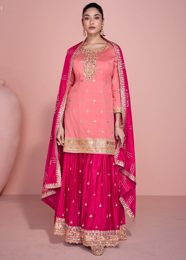 Pink Toned Chinon Silk Sharara Suit with Fine Embroidered Detailing - House of Sarvati LLC