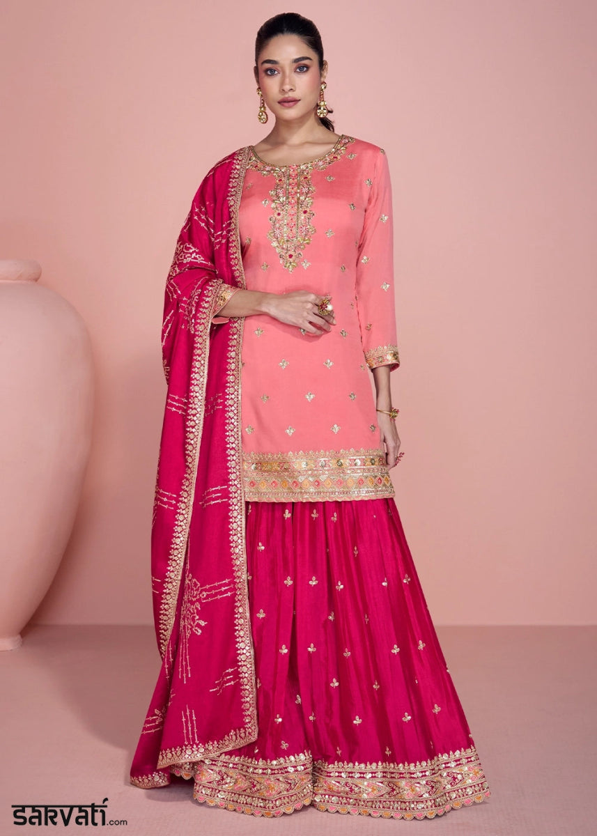 Pink Toned Chinon Silk Sharara Suit with Fine Embroidered Detailing - House of Sarvati LLC