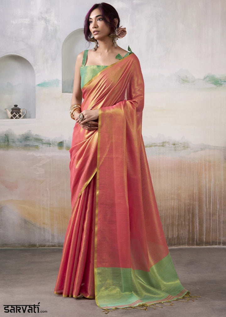 Pink Toned Tissue Silk Saree with Elegant Contrast Blouse Combination - House of Sarvati LLC