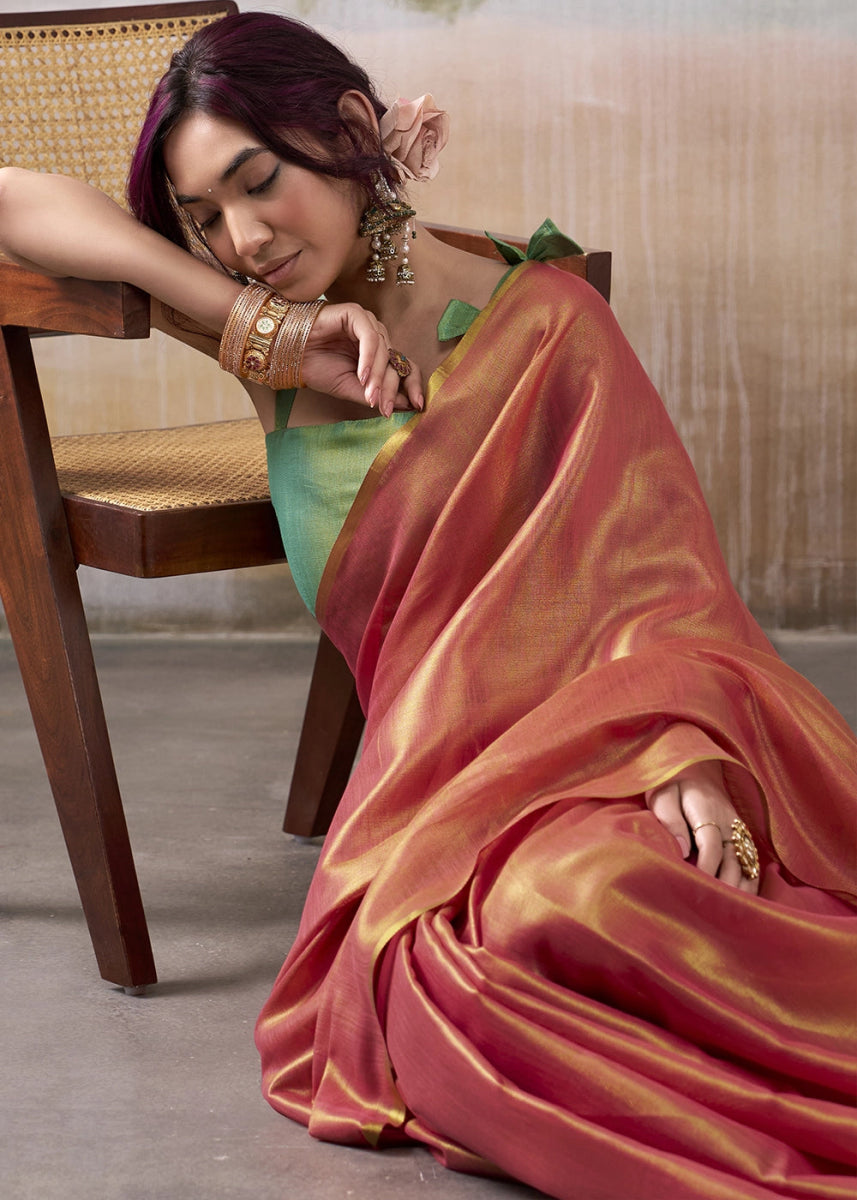 Pink Toned Tissue Silk Saree with Elegant Contrast Blouse Combination - House of Sarvati LLC