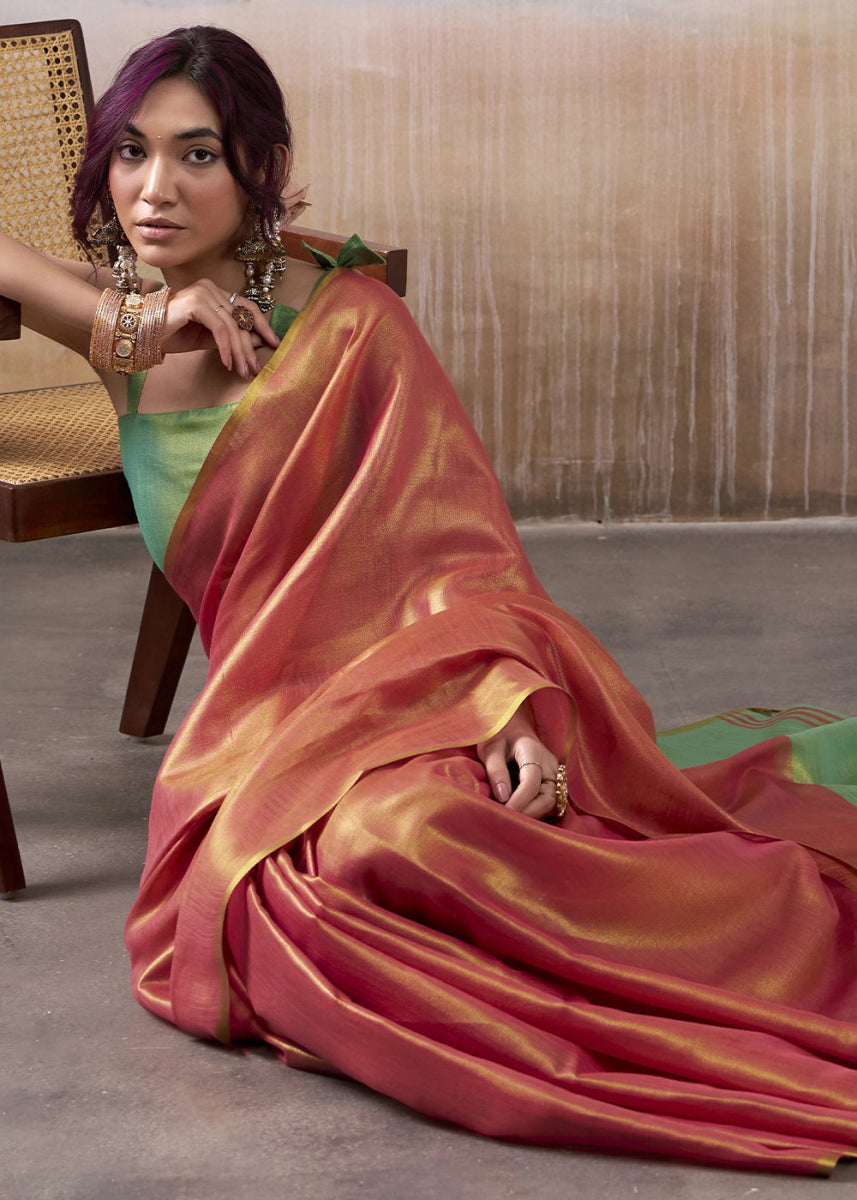 Pink Toned Tissue Silk Saree with Elegant Contrast Blouse Combination - House of Sarvati LLC