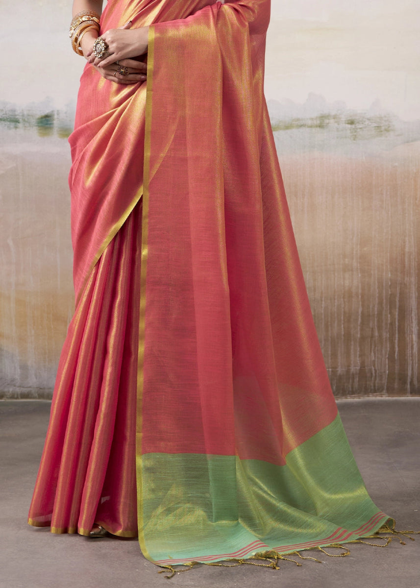 Pink Toned Tissue Silk Saree with Elegant Contrast Blouse Combination - House of Sarvati LLC