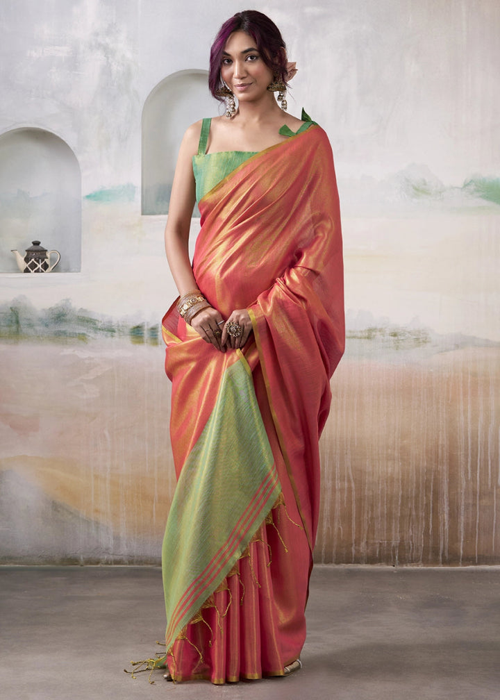 Pink Toned Tissue Silk Saree with Elegant Contrast Blouse Combination - House of Sarvati LLC