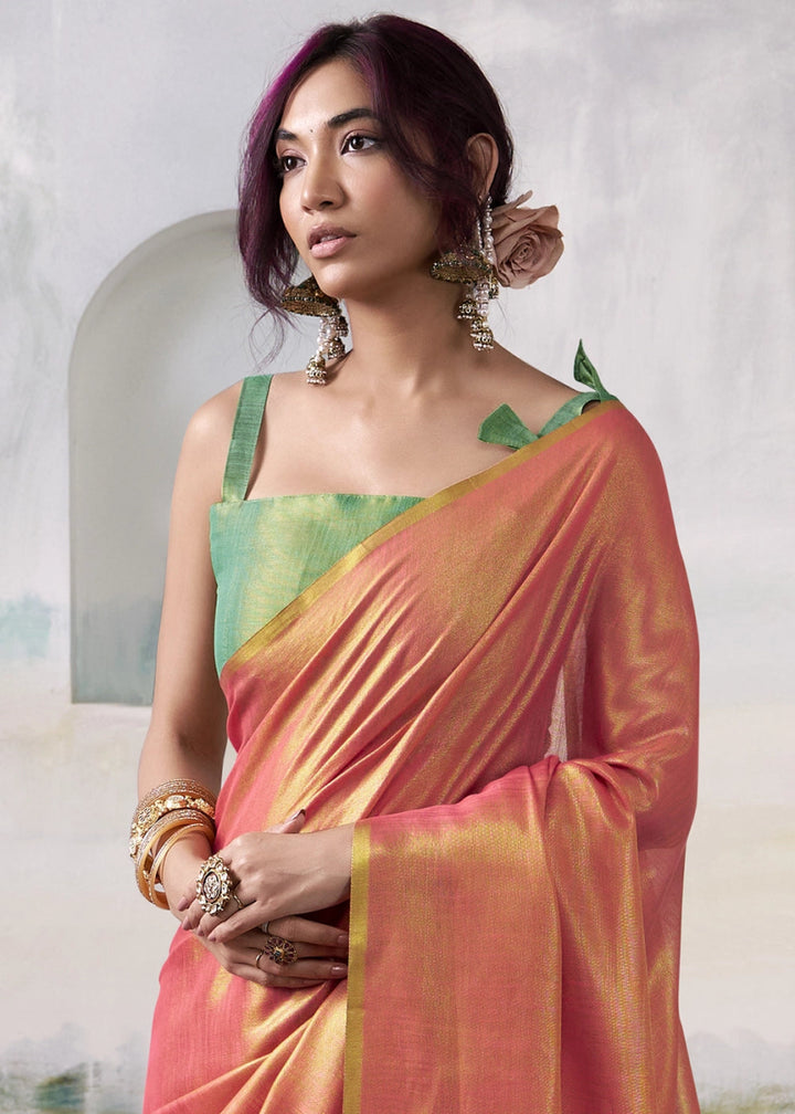 Pink Toned Tissue Silk Saree with Elegant Contrast Blouse Combination - House of Sarvati LLC