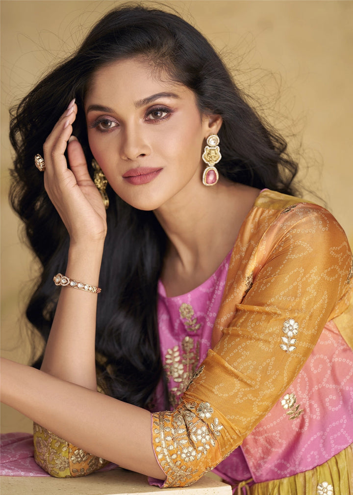 Pink & Yellow Anarkali Gown in Chinon Silk with Intricate Embroidery - House of Sarvati LLC