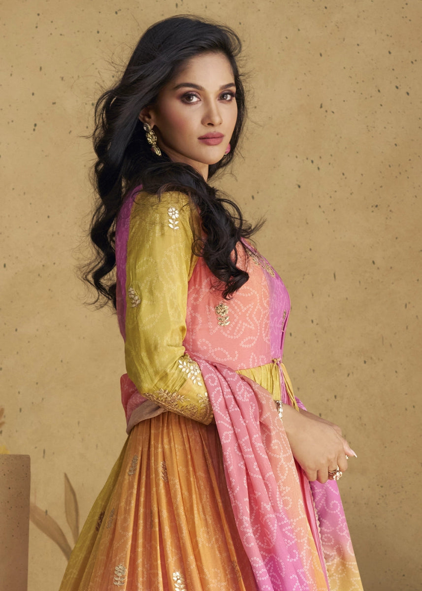 Pink & Yellow Anarkali Gown in Chinon Silk with Intricate Embroidery - House of Sarvati LLC