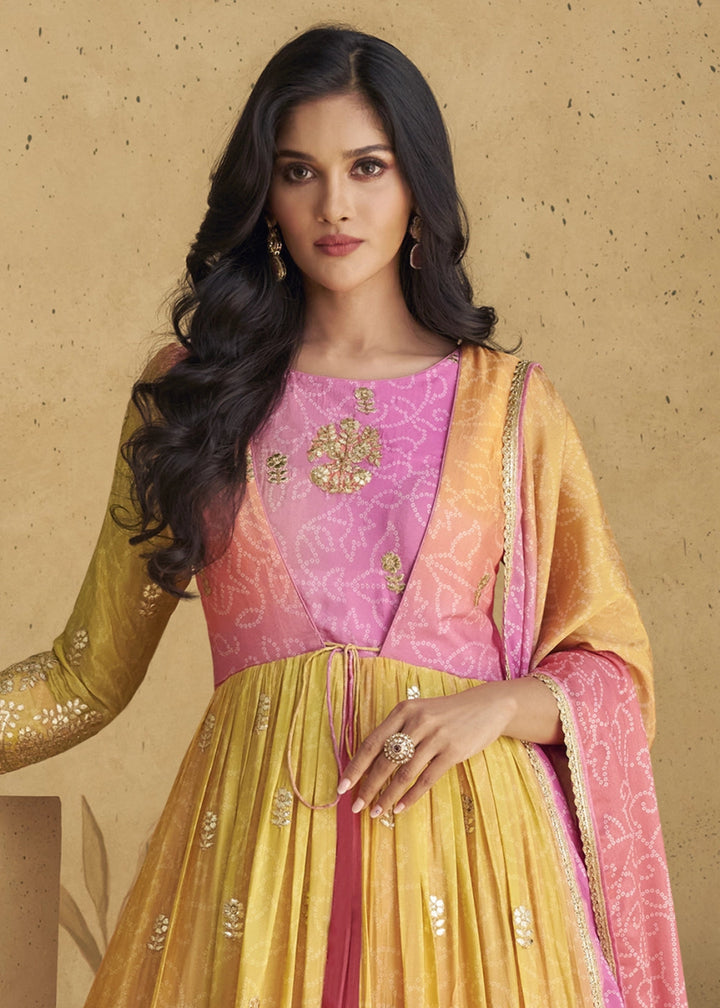 Pink & Yellow Anarkali Gown in Chinon Silk with Intricate Embroidery - House of Sarvati LLC