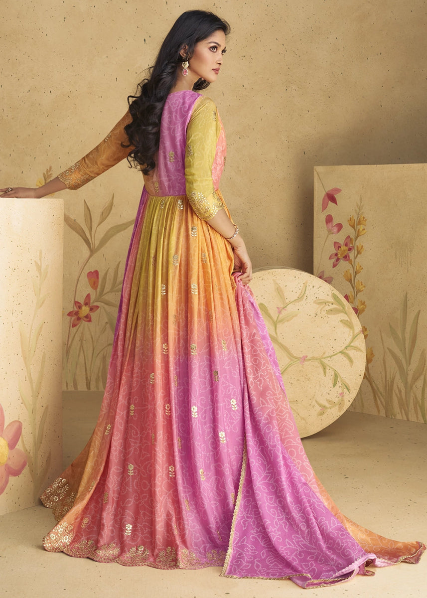 Pink & Yellow Anarkali Gown in Chinon Silk with Intricate Embroidery - House of Sarvati LLC
