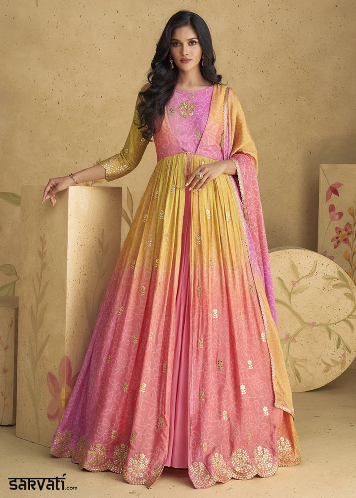 Pink & Yellow Anarkali Gown in Chinon Silk with Intricate Embroidery - House of Sarvati LLC