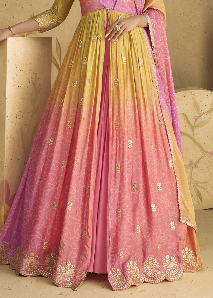 Pink & Yellow Anarkali Gown in Chinon Silk with Intricate Embroidery - House of Sarvati LLC
