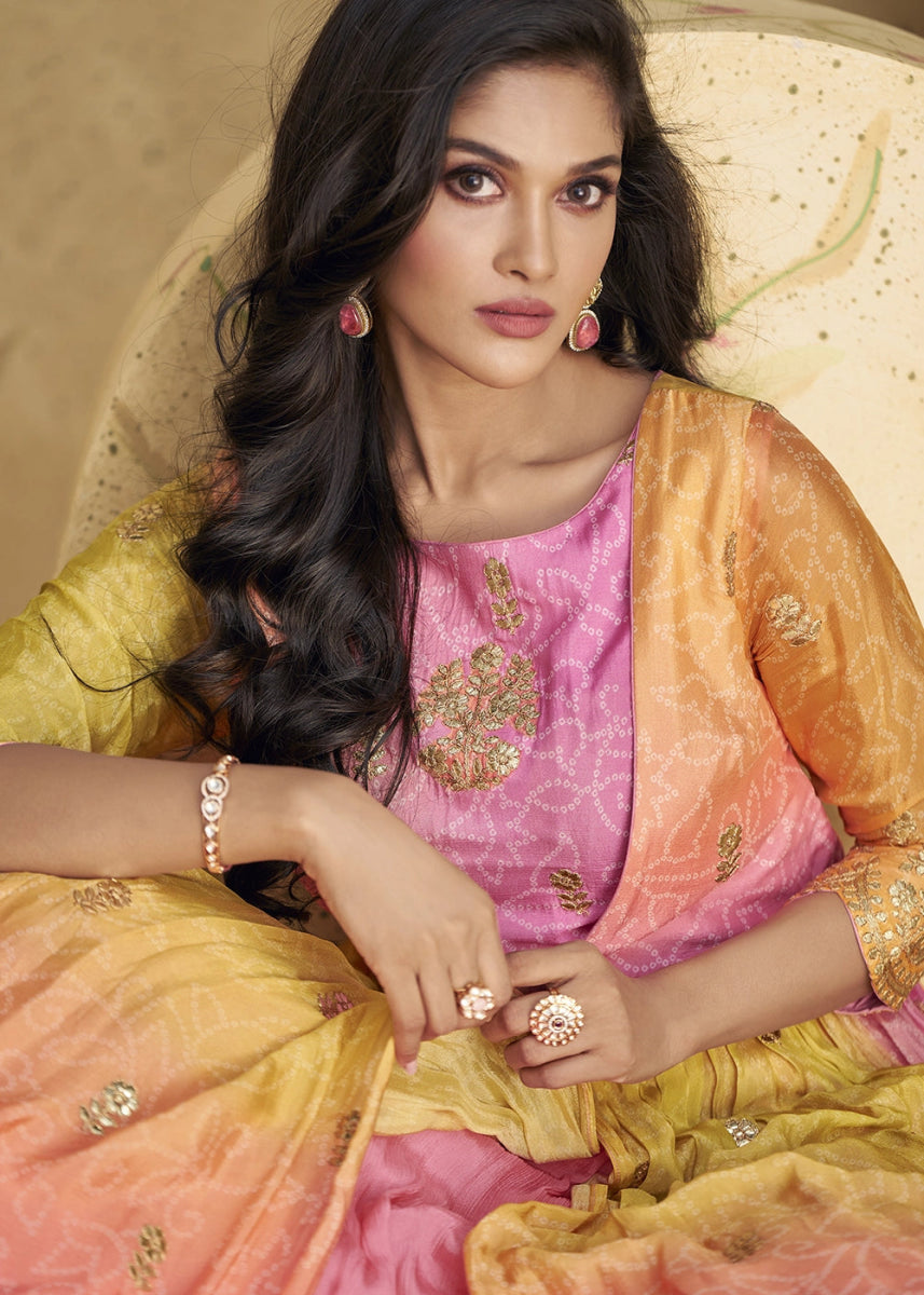 Pink & Yellow Anarkali Gown in Chinon Silk with Intricate Embroidery - House of Sarvati LLC