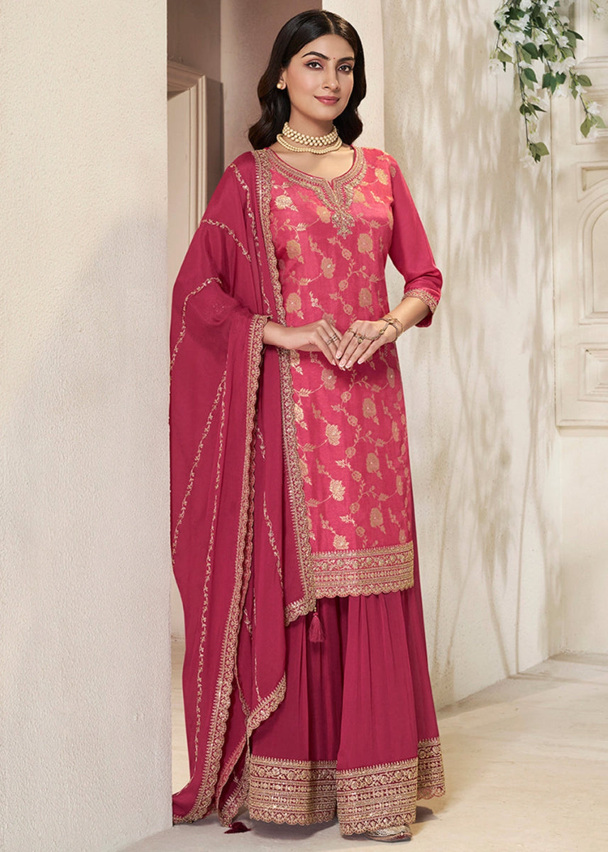 Pinkish Purple Dola Silk Sharara Suit with Intricate Jacquard Detailing - House of Sarvati LLC