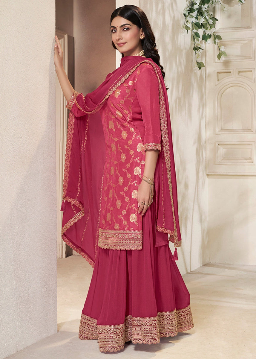 Pinkish Purple Dola Silk Sharara Suit with Intricate Jacquard Detailing - House of Sarvati LLC