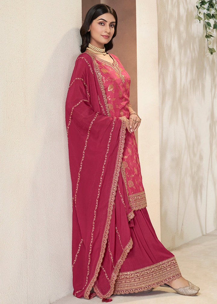 Pinkish Purple Dola Silk Sharara Suit with Intricate Jacquard Detailing - House of Sarvati LLC