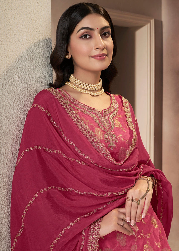 Pinkish Purple Dola Silk Sharara Suit with Intricate Jacquard Detailing - House of Sarvati LLC