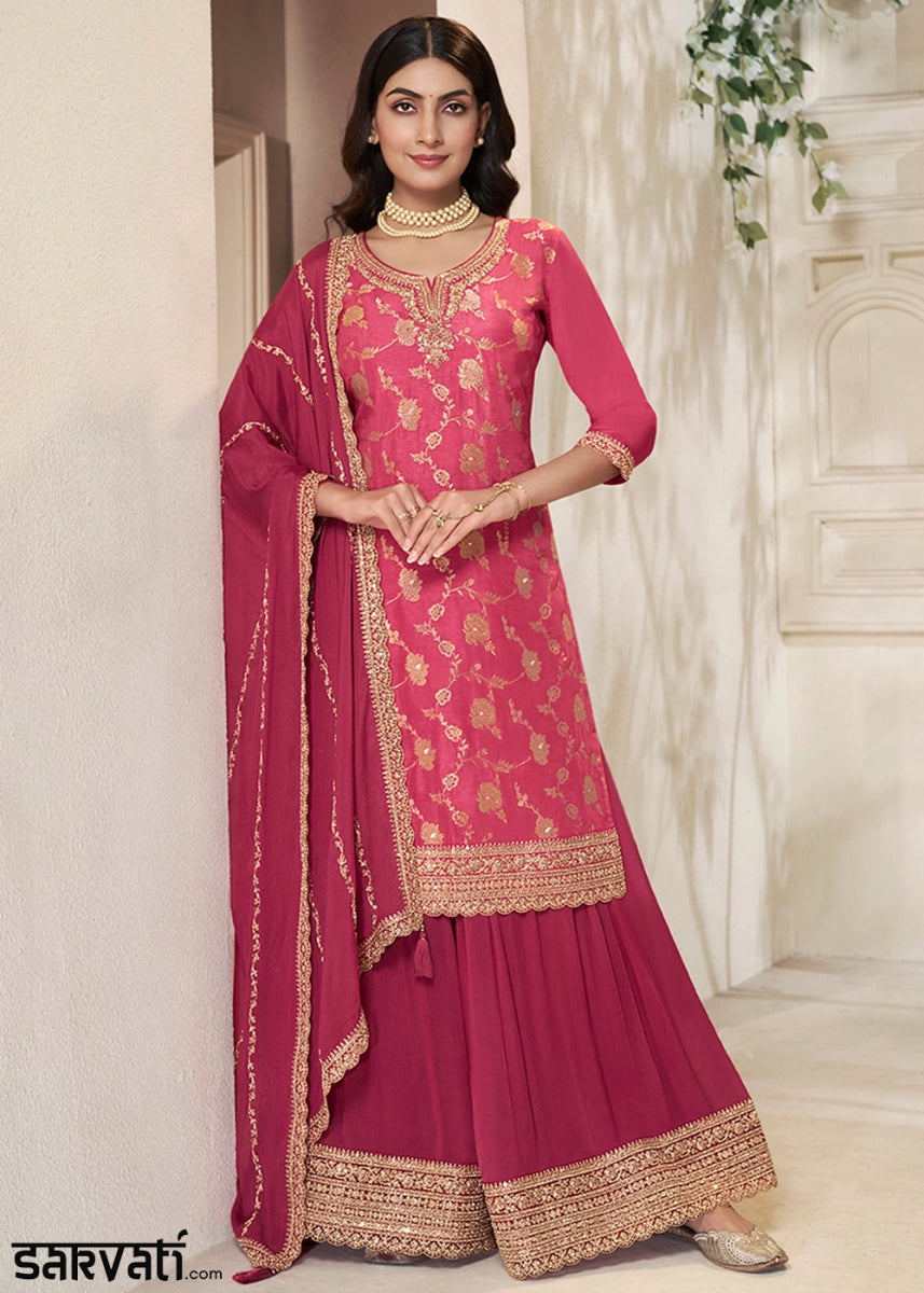 Pinkish Purple Dola Silk Sharara Suit with Intricate Jacquard Detailing - House of Sarvati LLC