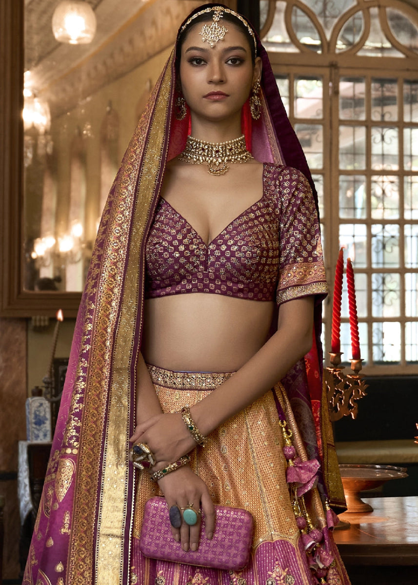 Pinkish Purple Embellished Rajwadi Silk Lehenga Choli with Aari Mirror Work - House of Sarvati LLC