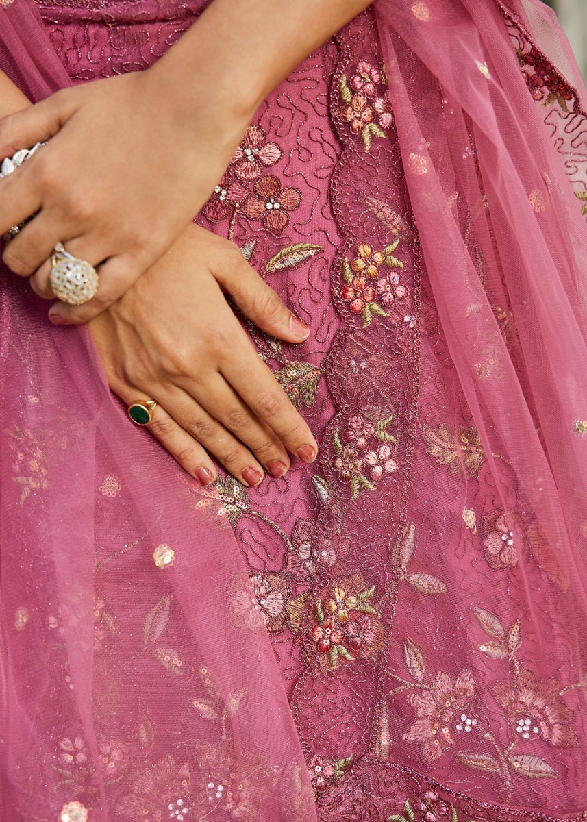Pinkish Purple Net Lehenga Choli with Coding & Zarkan Work - House of Sarvati LLC