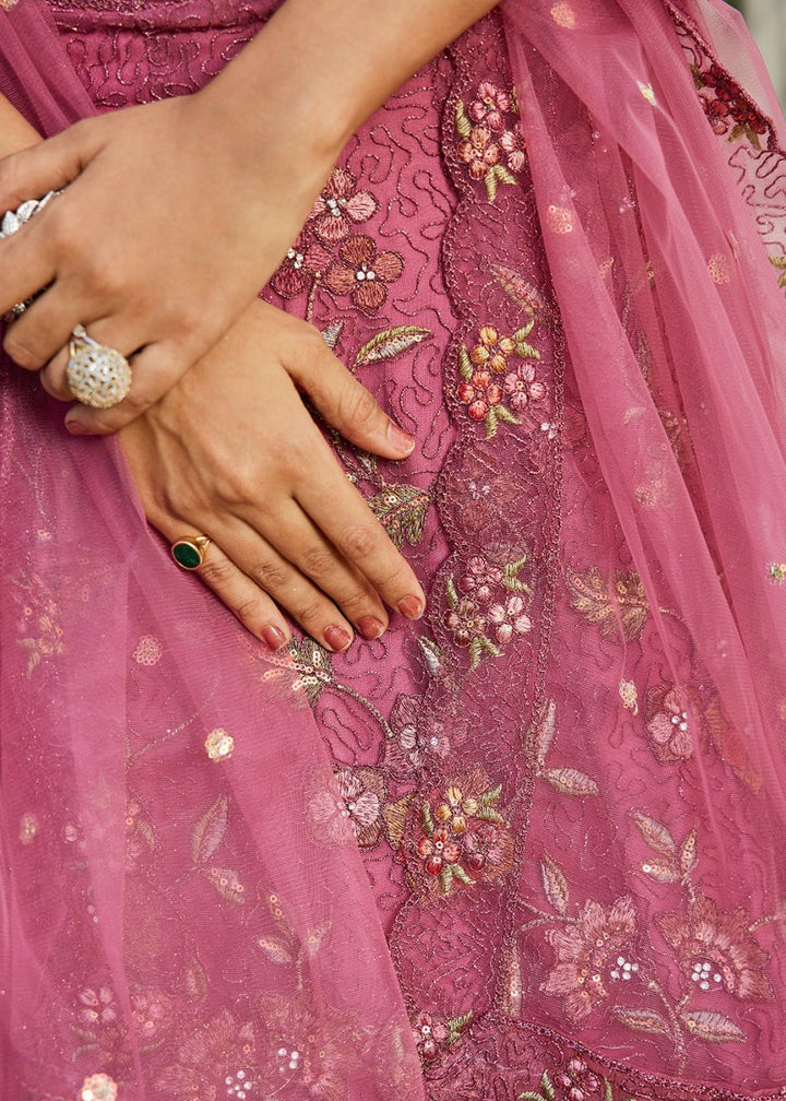 Pinkish Purple Net Lehenga Choli with Coding & Zarkan Work - House of Sarvati LLC