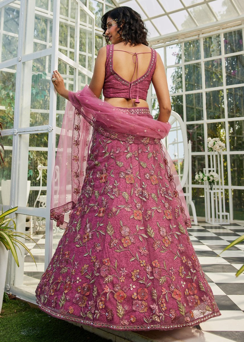 Pinkish Purple Net Lehenga Choli with Coding & Zarkan Work - House of Sarvati LLC