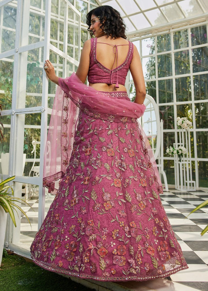 Pinkish Purple Net Lehenga Choli with Coding & Zarkan Work - House of Sarvati LLC