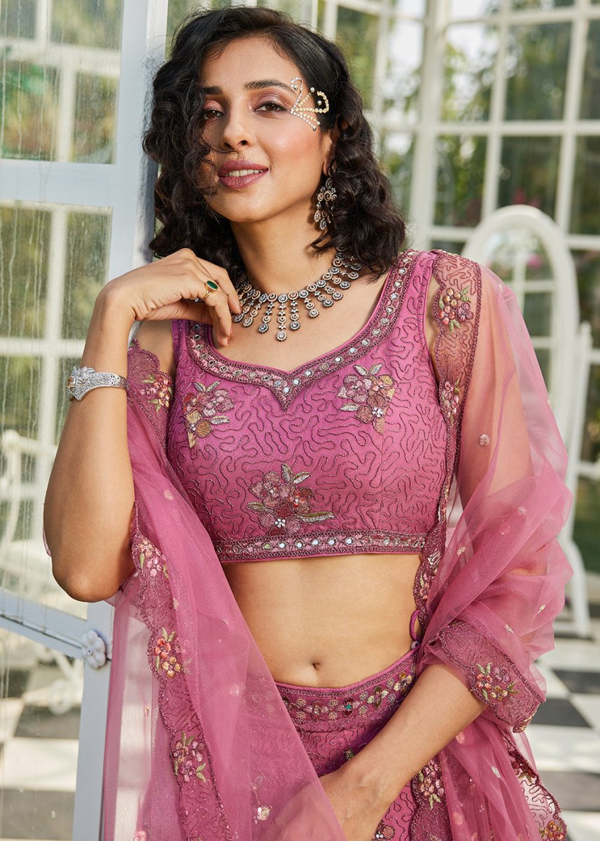Pinkish Purple Net Lehenga Choli with Coding & Zarkan Work - House of Sarvati LLC