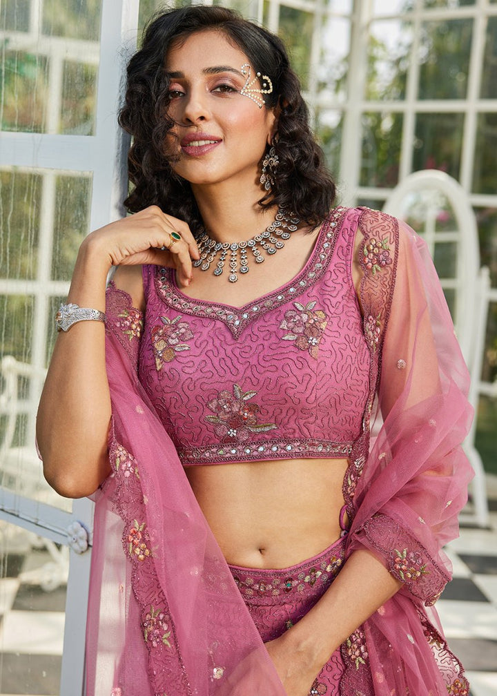 Pinkish Purple Net Lehenga Choli with Coding & Zarkan Work - House of Sarvati LLC