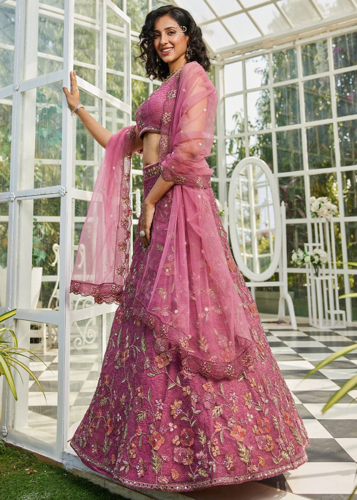 Pinkish Purple Net Lehenga Choli with Coding & Zarkan Work - House of Sarvati LLC