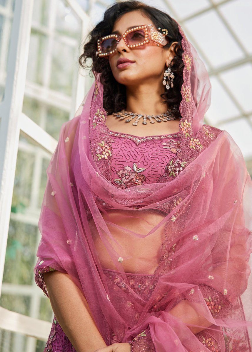 Pinkish Purple Net Lehenga Choli with Coding & Zarkan Work - House of Sarvati LLC