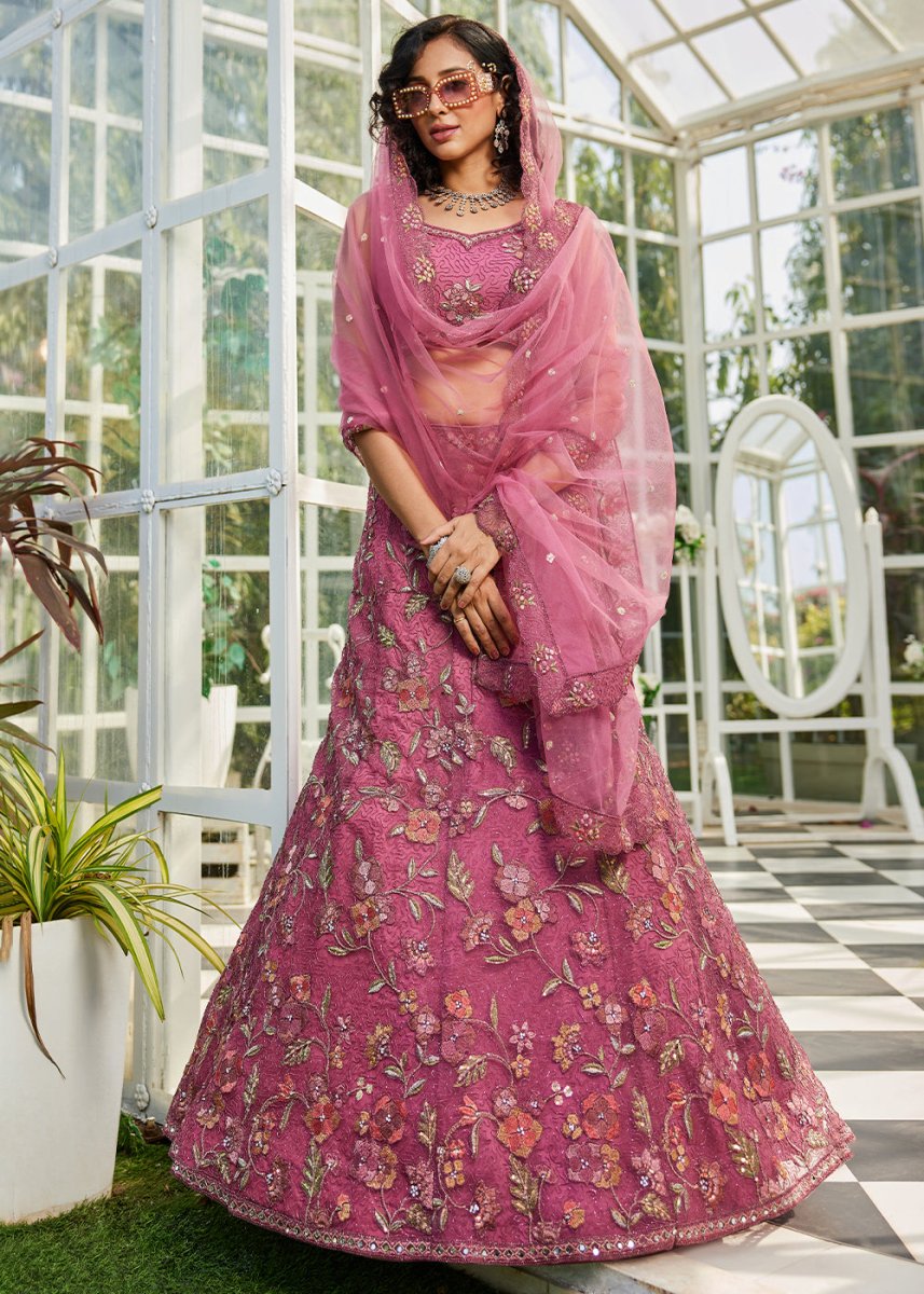 Pinkish Purple Net Lehenga Choli with Coding & Zarkan Work - House of Sarvati LLC