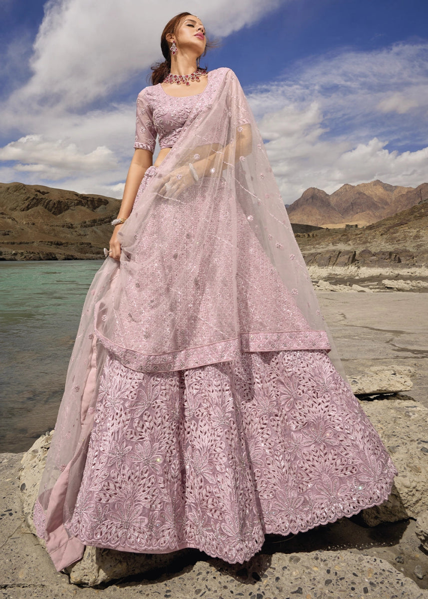 Pinkish Purple Organza Lehenga Choli Adorned With Cutwork, Mirror, And Zarkan Embellishments - House of Sarvati LLC