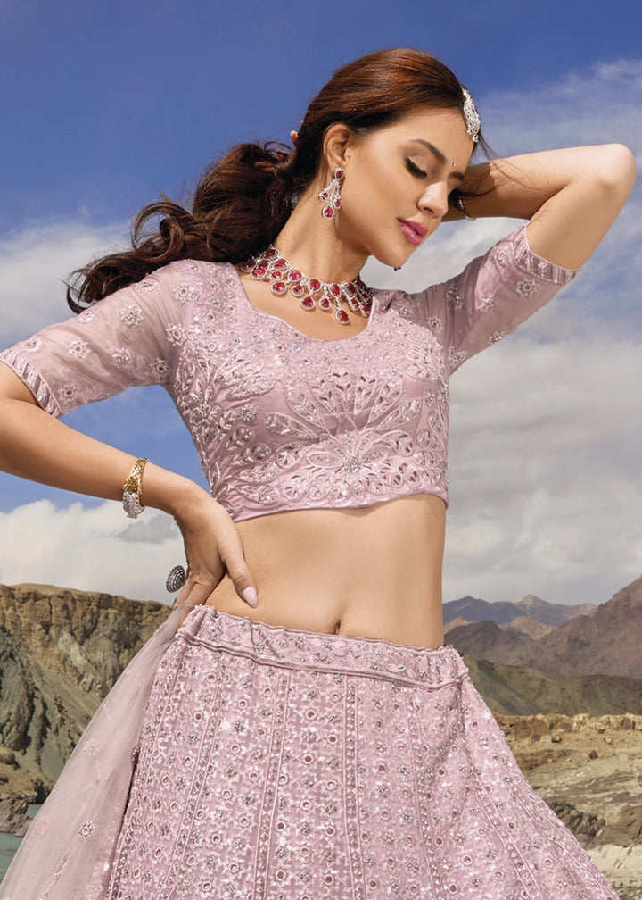 Pinkish Purple Organza Lehenga Choli Adorned With Cutwork, Mirror, And Zarkan Embellishments - House of Sarvati LLC