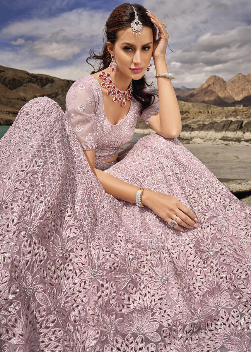 Pinkish Purple Organza Lehenga Choli Adorned With Cutwork, Mirror, And Zarkan Embellishments - House of Sarvati LLC