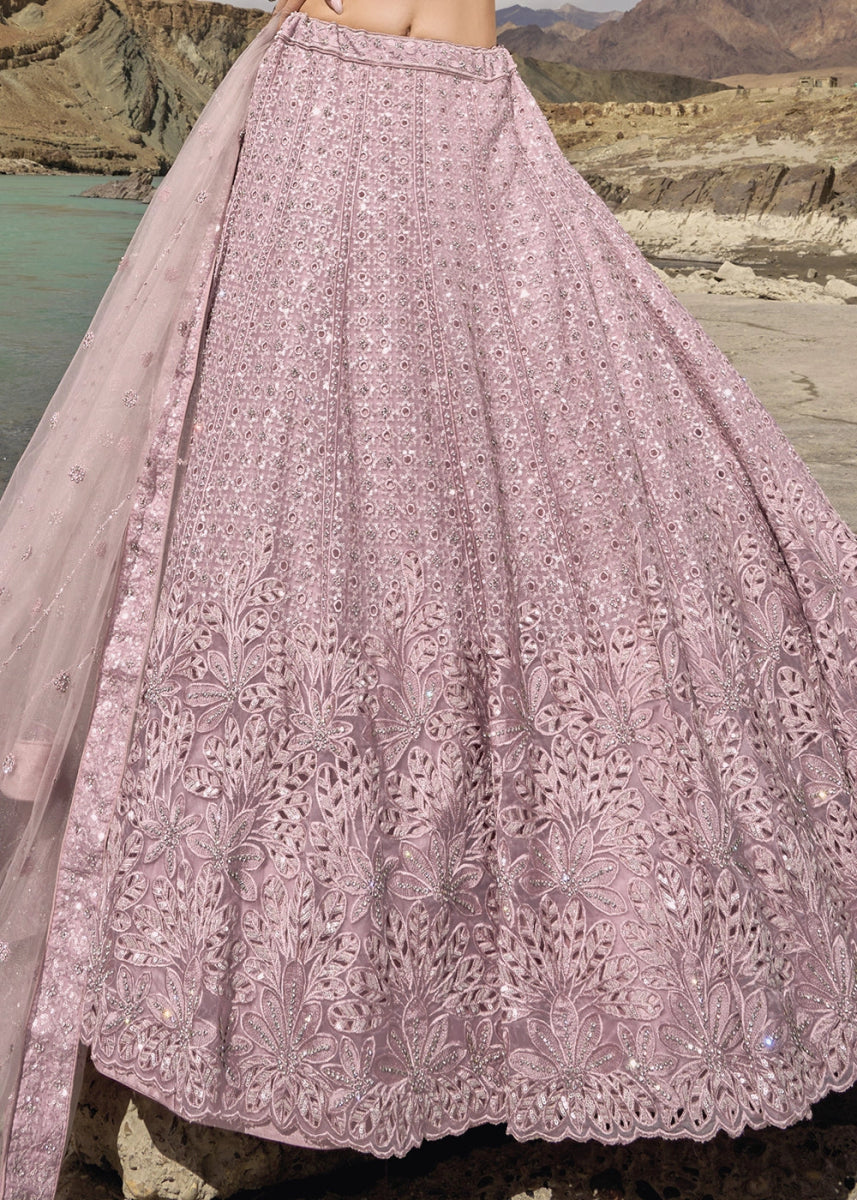Pinkish Purple Organza Lehenga Choli Adorned With Cutwork, Mirror, And Zarkan Embellishments - House of Sarvati LLC
