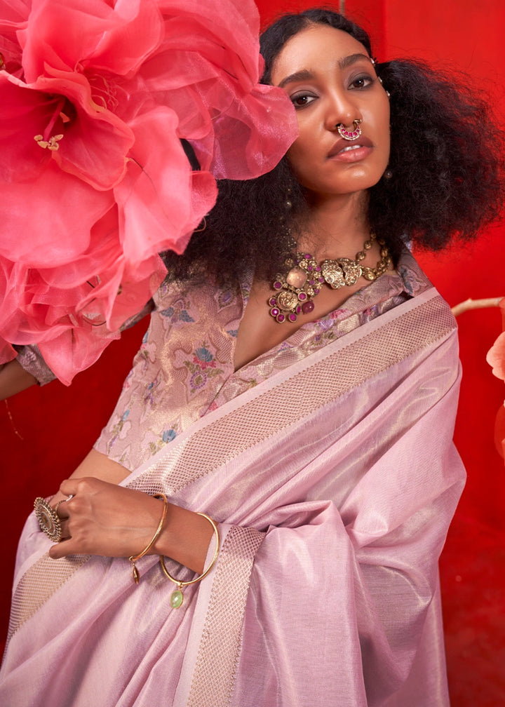 Pinkish Purple Tissue Silk Saree with Rich Zari Weave - House of Sarvati LLC