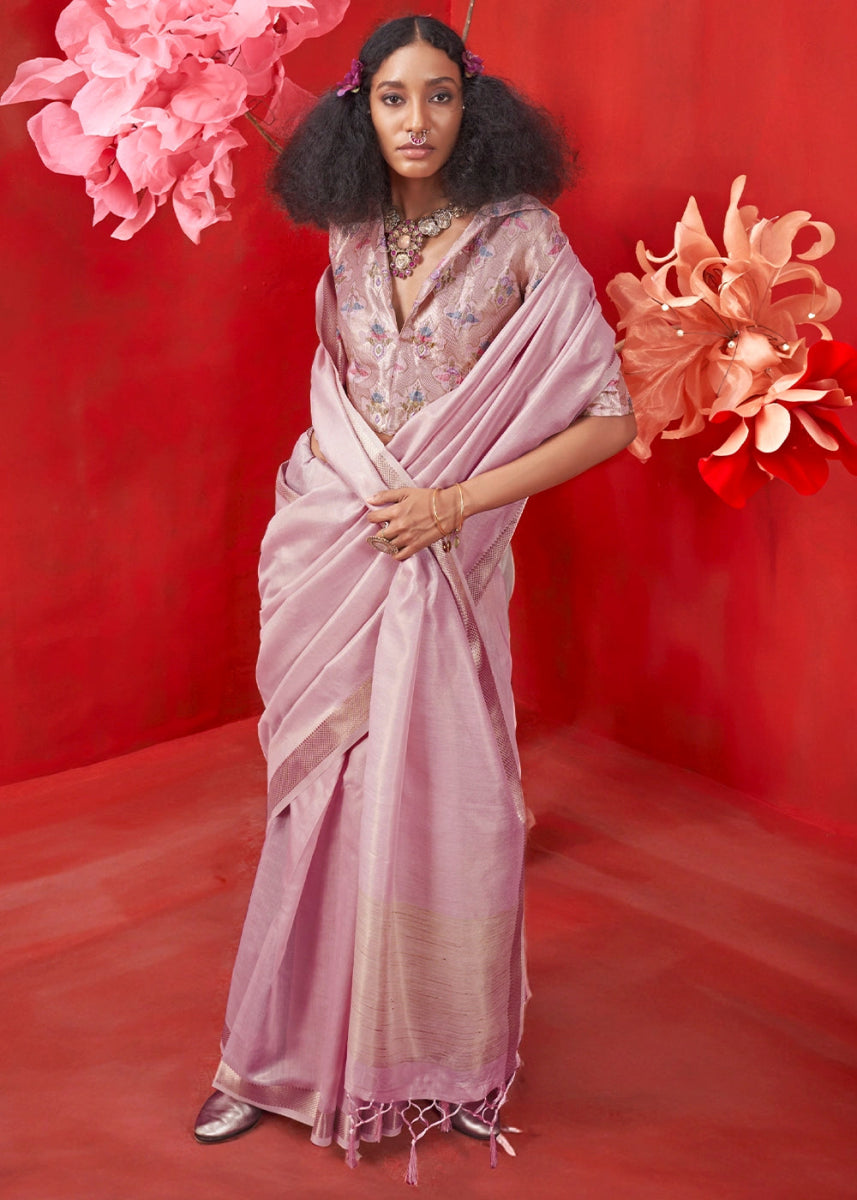 Pinkish Purple Tissue Silk Saree with Rich Zari Weave - House of Sarvati LLC