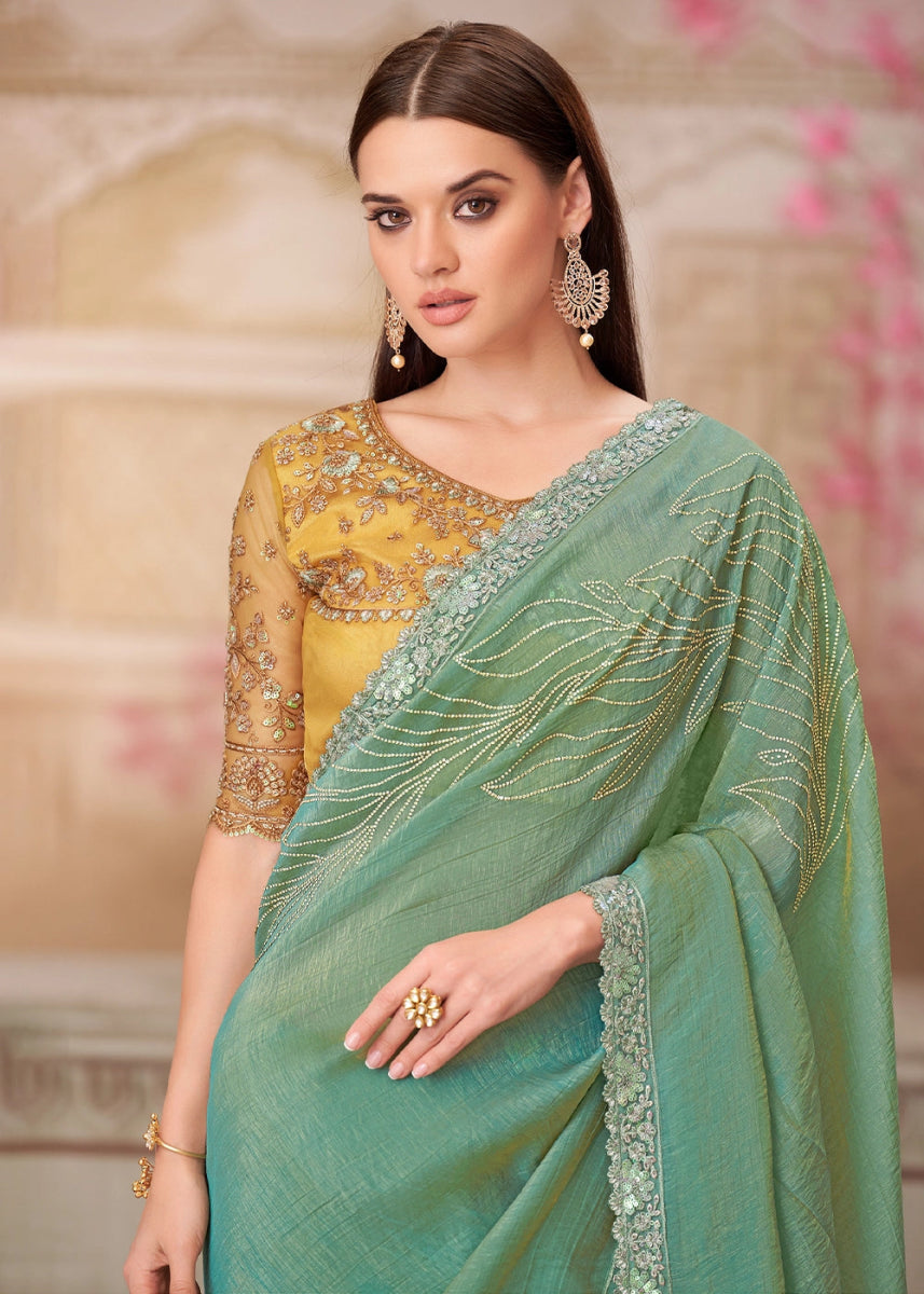 Pista Green Satin Silk Saree With Detailed Embroidery And Luxe Appeal - House of Sarvati LLC