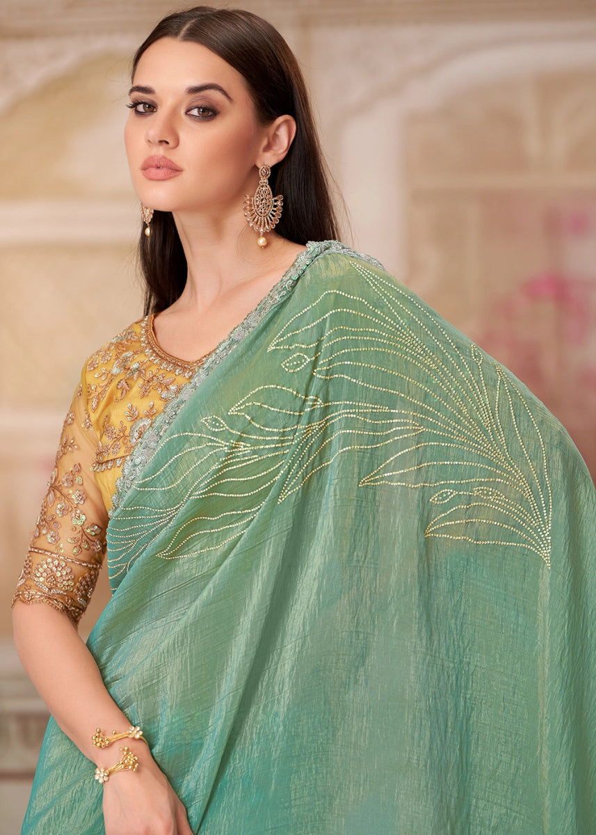 Pista Green Satin Silk Saree With Detailed Embroidery And Luxe Appeal - House of Sarvati LLC
