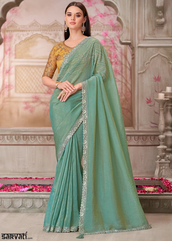 Pista Green Satin Silk Saree With Detailed Embroidery And Luxe Appeal - House of Sarvati LLC