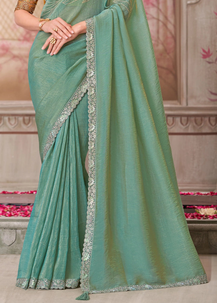 Pista Green Satin Silk Saree With Detailed Embroidery And Luxe Appeal - House of Sarvati LLC