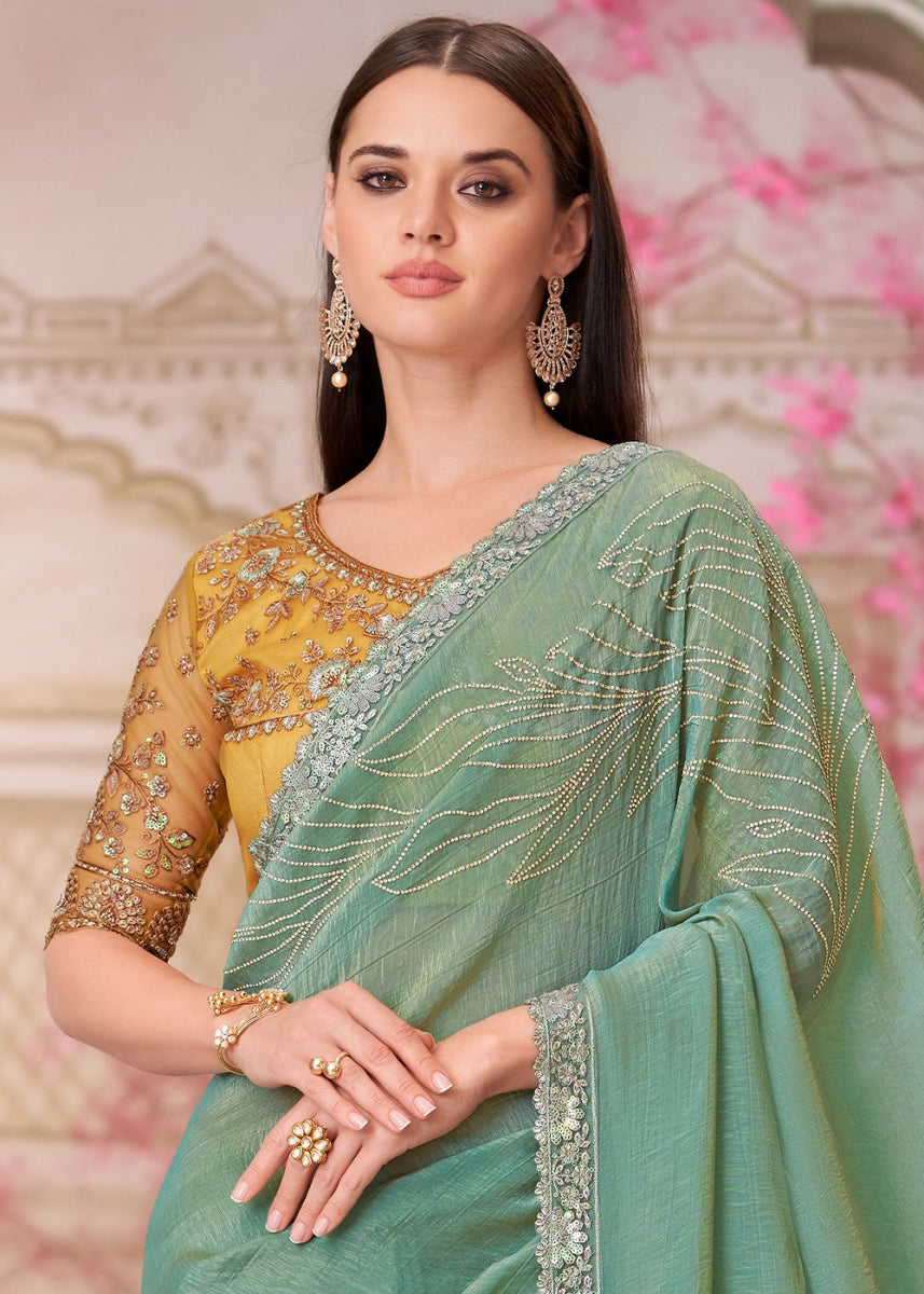 Pista Green Satin Silk Saree With Detailed Embroidery And Luxe Appeal - House of Sarvati LLC