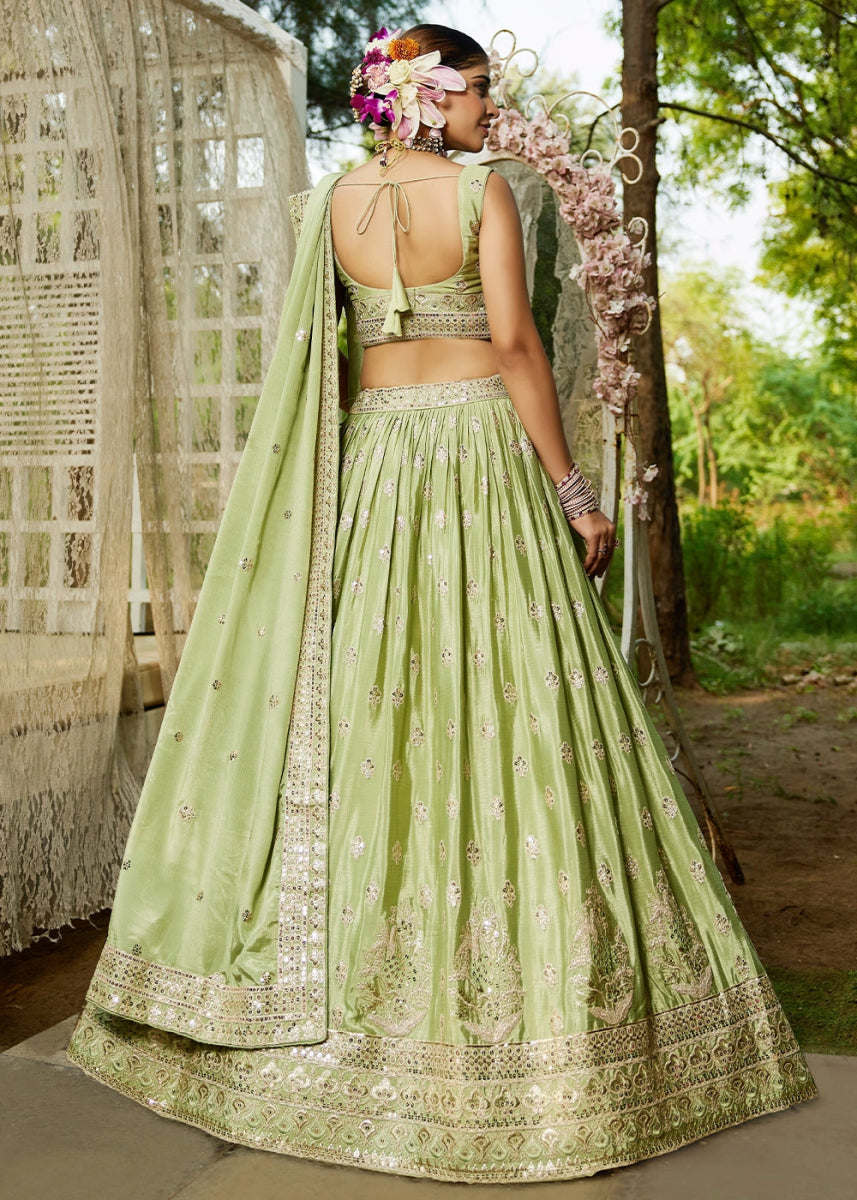 Pistachio Green Lehenga Choli with Floral Sequin Detailing on Chiffon Silk - House of Sarvati LLC