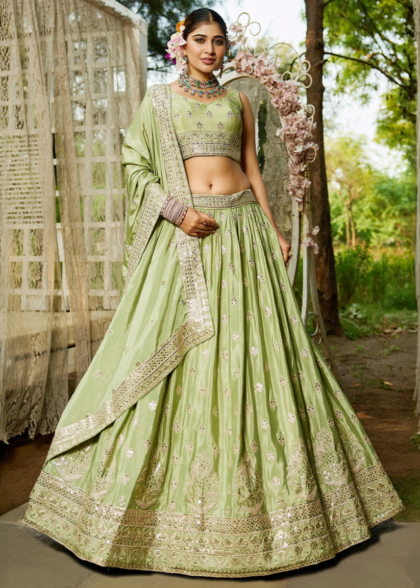 Pistachio Green Lehenga Choli with Floral Sequin Detailing on Chiffon Silk - House of Sarvati LLC