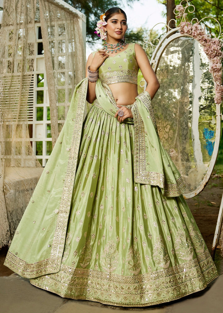 Pistachio Green Lehenga Choli with Floral Sequin Detailing on Chiffon Silk - House of Sarvati LLC